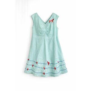 eShakti Bird Embroidered Sheath Dress 1X Seafoam Green Twee 50s Casual Retro